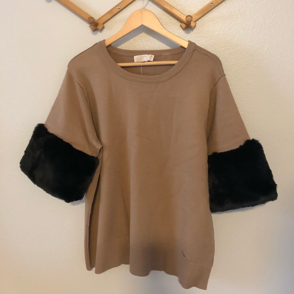 Michael Kors Derby Sweater Tan w/ Black Fur Sleeve